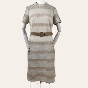Vintage 1960s Plus MOD Stripe Dress Poly Knit Taupe Sheath Buttons Belt Knee Len